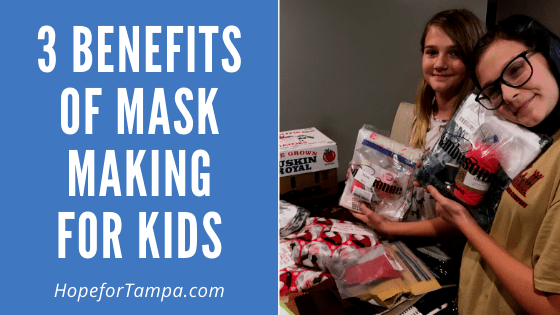 kids helping sort sewing materials for mask making